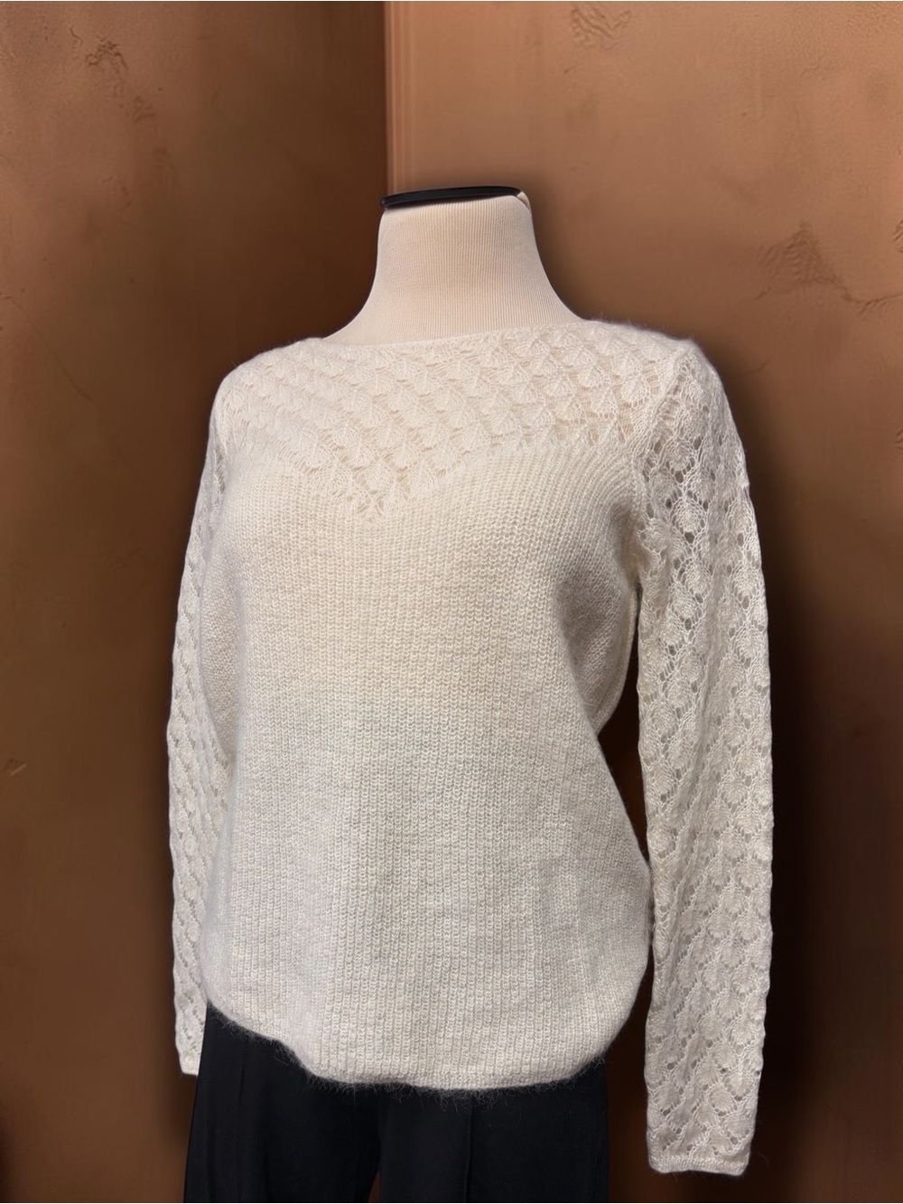 Sezane Hortense Open-Knit Yoke Mohair Wool Blend Sweater Ecru White - Picture 2 of 4
